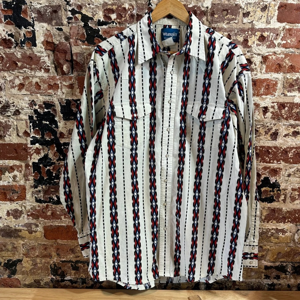 VTG Wrangler Western Aztec Shirt White Blue Pearl Snap Western Southwest Mens XL
